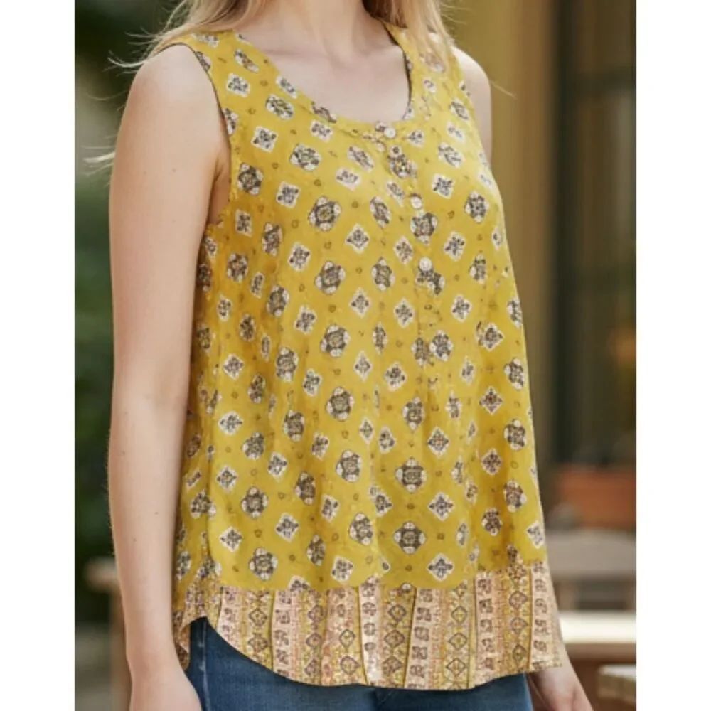 J. Jill Sleeveless Top Women Size M Yellow Boho Flowy Tank Medallion Print Rayon